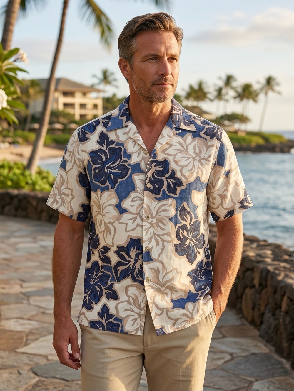 VTG Go Barefoot Hawaiian Aloha Camp Shirt USA Floral Hibiscus Cotton Mens M